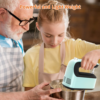 Yomelo 9-Speed Digital Hand Mixer Electric, 400W Powerful DC Motor, Hand Mixer Electric Handheld with Snap-On Storage Case, 5 Stainless Steel Accessories, Beaters, Dough Hooks, Whisk(Ice Blue/Black)