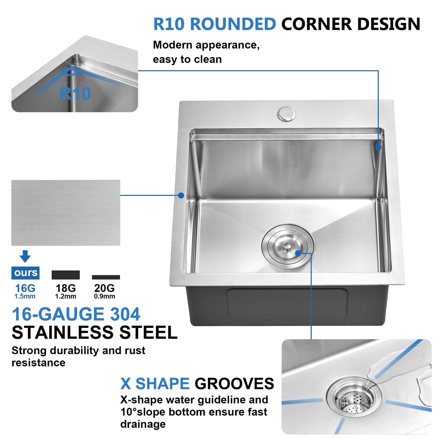 Scamall 18x18x10 Drop In Kitchen Sink Workstation, Brushed Silver 304 Stainless Steel Single Bowl with Quick Drainage & Tarnish-Free Surface for Bar, RV, Includes Accessories