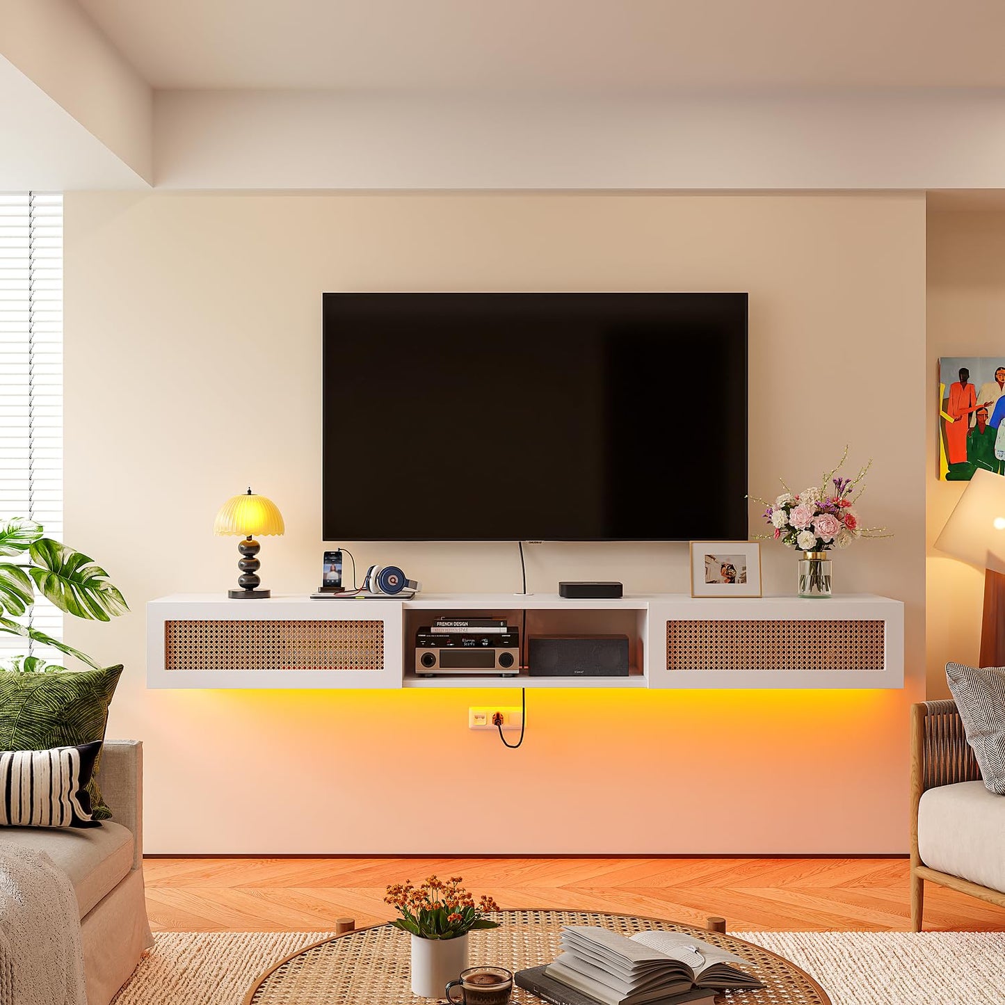 FurniNova 70" Floating TV Stand with Rattan Doors,Boho Wall Mounted Media Console Entertainment Center with 3 Cabinets,White