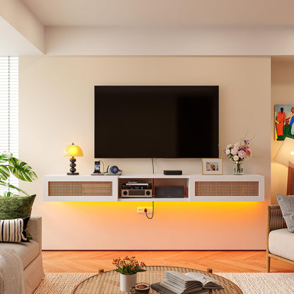 FurniNova 70" Floating TV Stand with Rattan Doors,Boho Wall Mounted Media Console Entertainment Center with 3 Cabinets,White