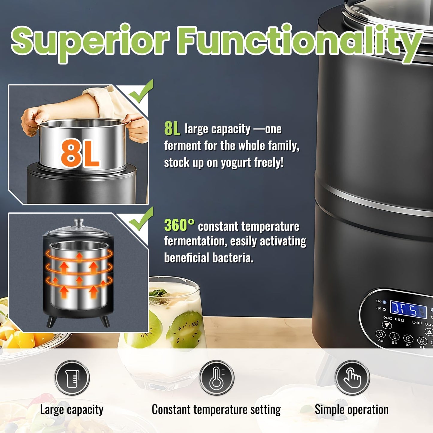 8L/8qt Yogurt Maker Machine, Yogurt Maker with Time and Temperature Control, Commercial Yogurt Maker, Black garlic fermentation machine, Sweet Rice Wine Maker for Home (black, 8L)