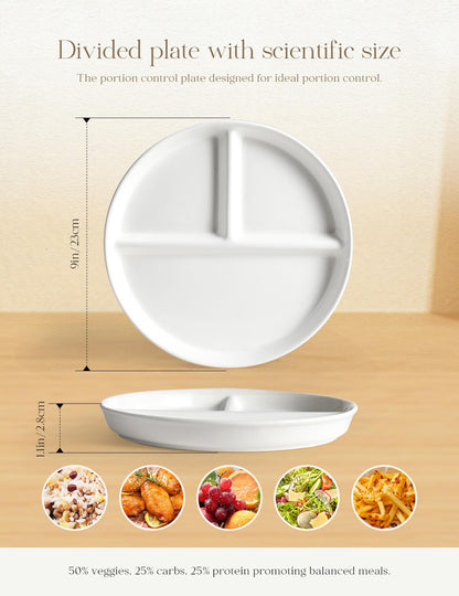 AISBUGUR Ceramic Portion Control Plate for Weight Loss,9-Inch Divided Plate for Adults,3-Compartment Portion Plate for Healthy Eating,Dishwasher & Microwave Safe,White