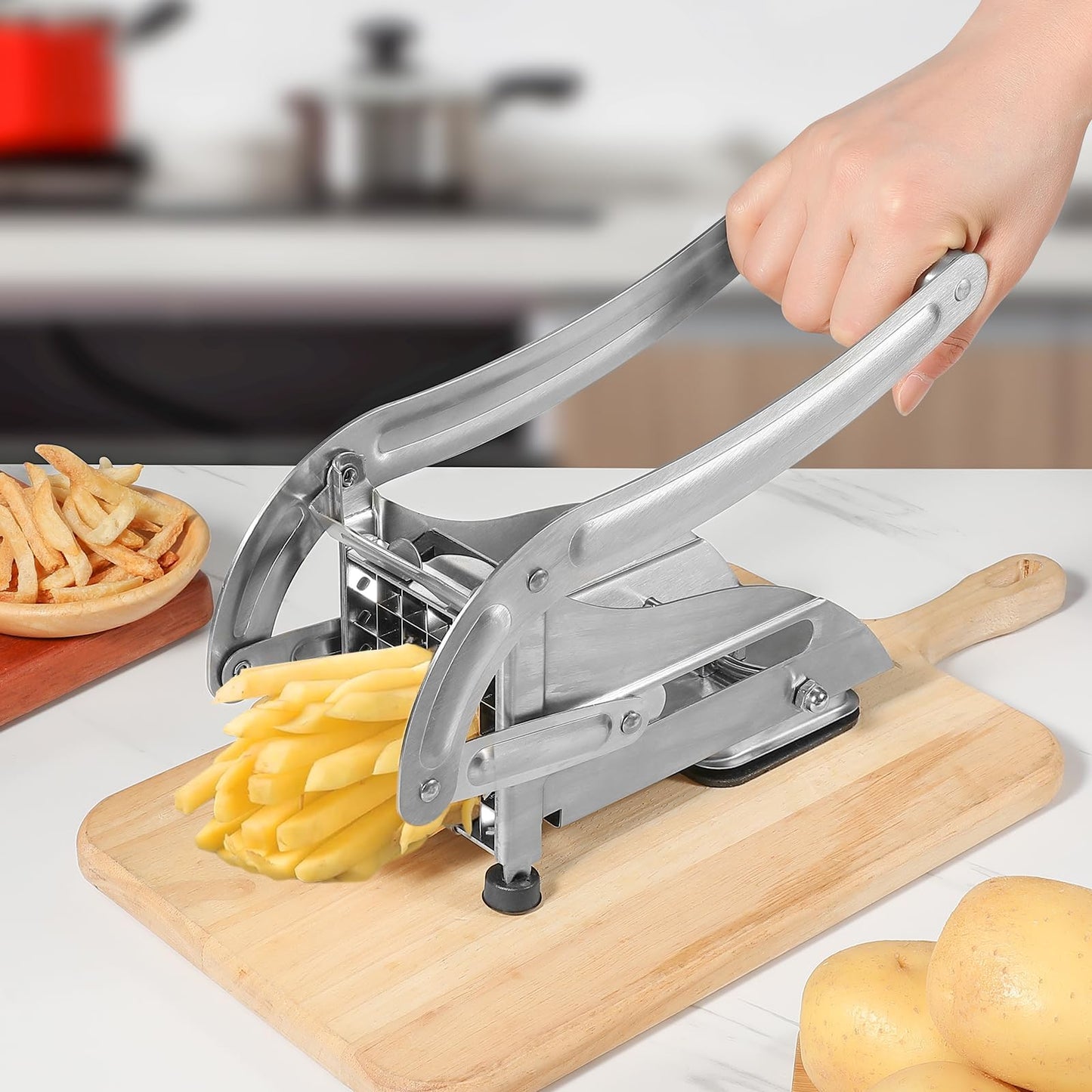 QBGSFSYG Stainless Steel Potato Slicer & French Fry Cutter - 2 Blades (1/2" & 1/3") for Homemade Fries, Non-Slip Suction Base, Easy Chip & Sweet Potato Maker (Silver)