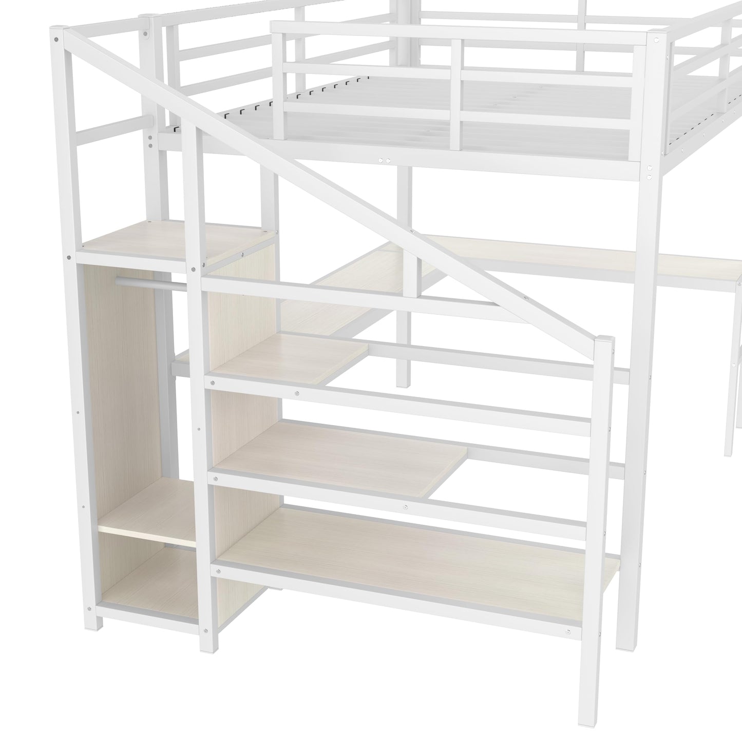 KEIKI Metal Loft Bed Queen Size with L-Shaped Desk, USB Port, Wardrobe, Adjustable Shelf, and LED Lights, High Loft Bed with Stairs for Teens and Adults, White Wood Grain