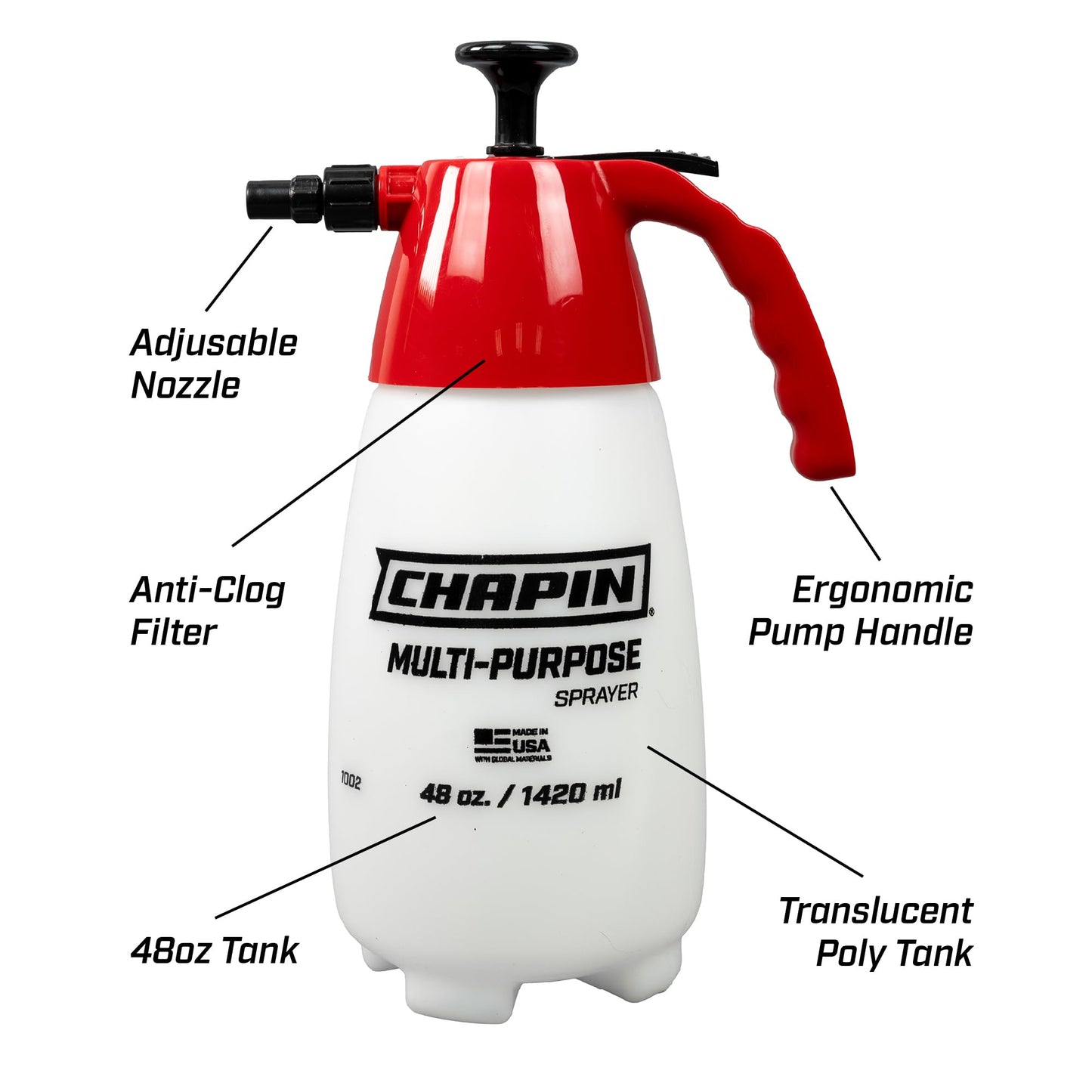 Chapin 1002 Handheld Pump Sprayer, 48oz, Multi‑Purpose, Lawn & Garden, Translucent Poly Tank, Wide‑Mouth Opening, Adjustable Cone Nozzle & Anti‑Clog Filter for Weed, Fertilizer & Pest Applications