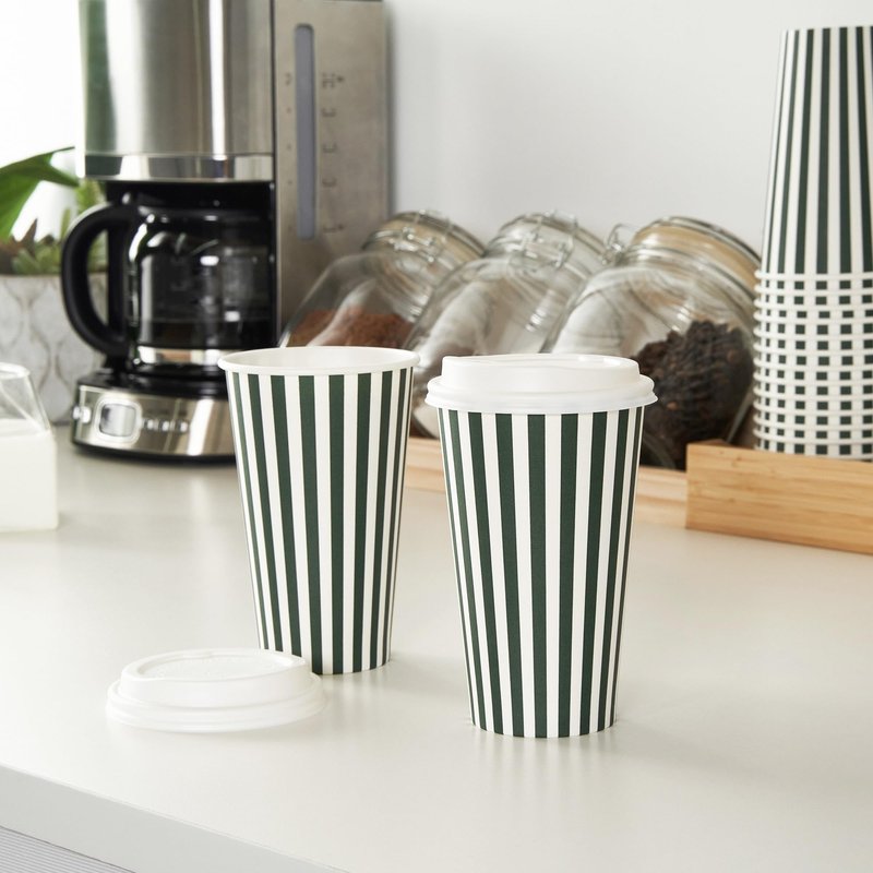 Restaurantware 16 Ounce Disposable Coffee Cups With Lids, 400 Hot Cups With Lids - Sleeves Sold Separately, Single Wall, Forest Green And White Stripe Paper Coffee Cups, For Coffee And More