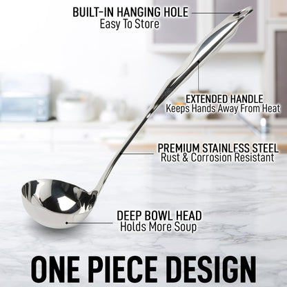 Zulay Kitchen Stainless Steel Soup Ladle - 13” Large Ladle for Soups, Stews & Sauces - Durable, Heat-Resistant, Rust-Proof & Dishwasher Safe Kitchen Utensil with Ergonomic Handle