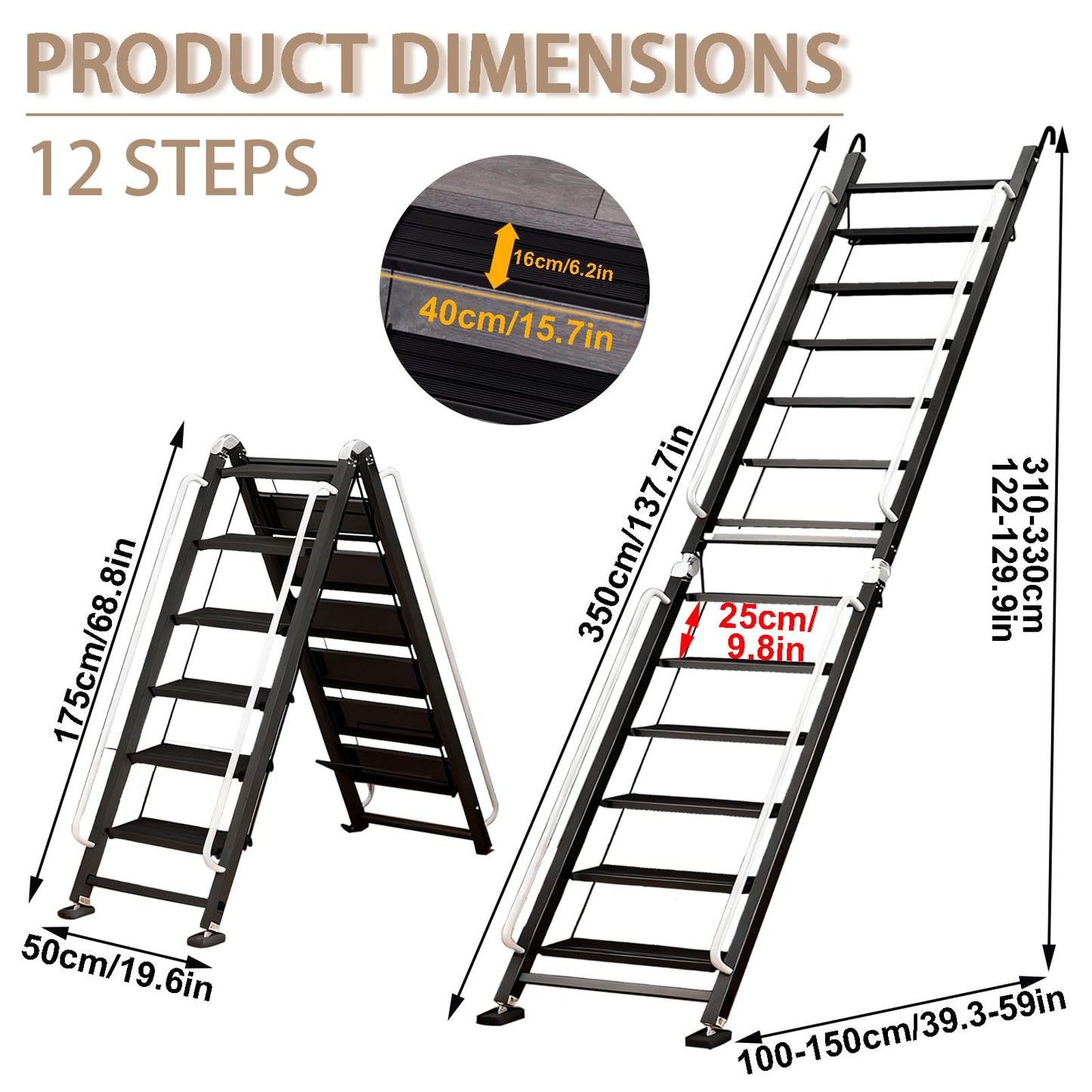 Foldable Aluminum Loft Stairs Ladder, 12 Step Folding Bunk Bed Ladders with Handrails, Portable Anti-Slip Egress Attic Ladder, Floor-Mounted Metal Roof Access Step Ladders for Dorm RV Home Attic Stair