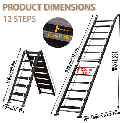 Foldable Aluminum Loft Stairs Ladder, 12 Step Folding Bunk Bed Ladders with Handrails, Portable Anti-Slip Egress Attic Ladder, Floor-Mounted Metal Roof Access Step Ladders for Dorm RV Home Attic Stair