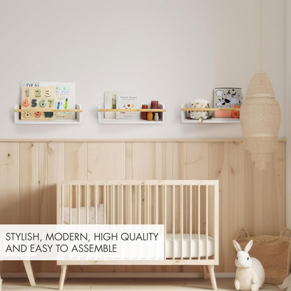 Set 3 Decorative Nursery Bookshelves for Kids - of Easy to Install Floating Shelves for Wall Mount - Beautiful Hanging