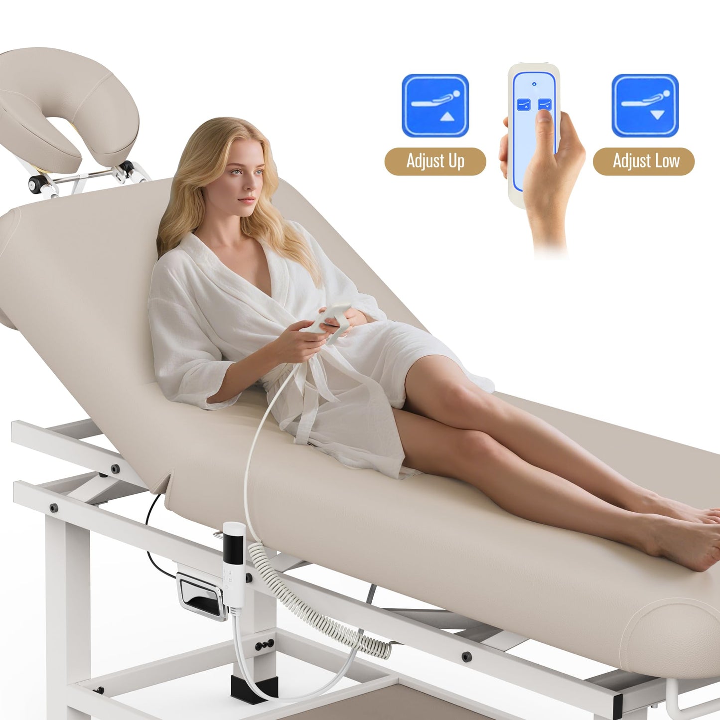 Heating Function 30 Wide x 75 Long Heavy Duty Electric Stationary Massage Table with Backrest Adjustable and Storage Space for Treatment/Medical Spa/Facial/Beauty/Massage Bed and More - Beige Gray