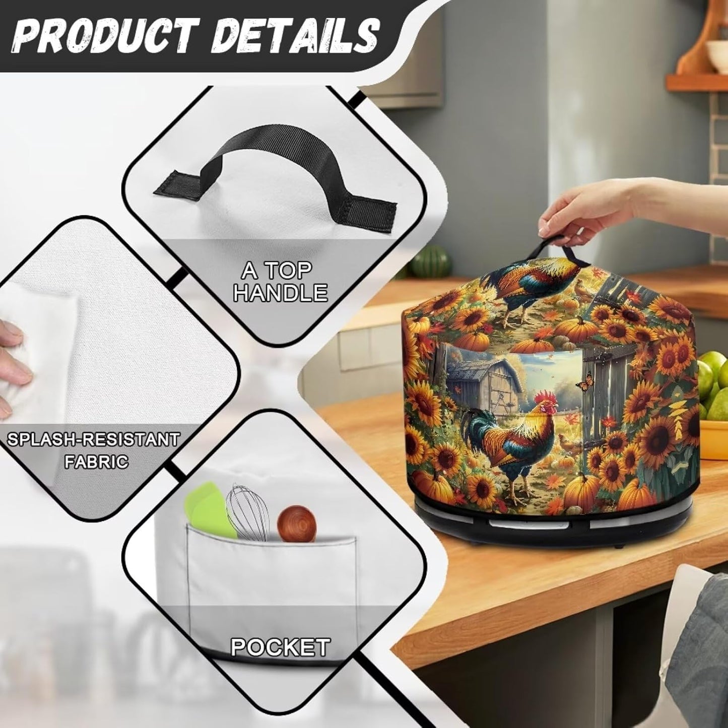 Slow Cooker Dust Cover with Oval Rooster Sunflowers Print, Fits 6-8 Quart Slow Cooker, Pocket Included