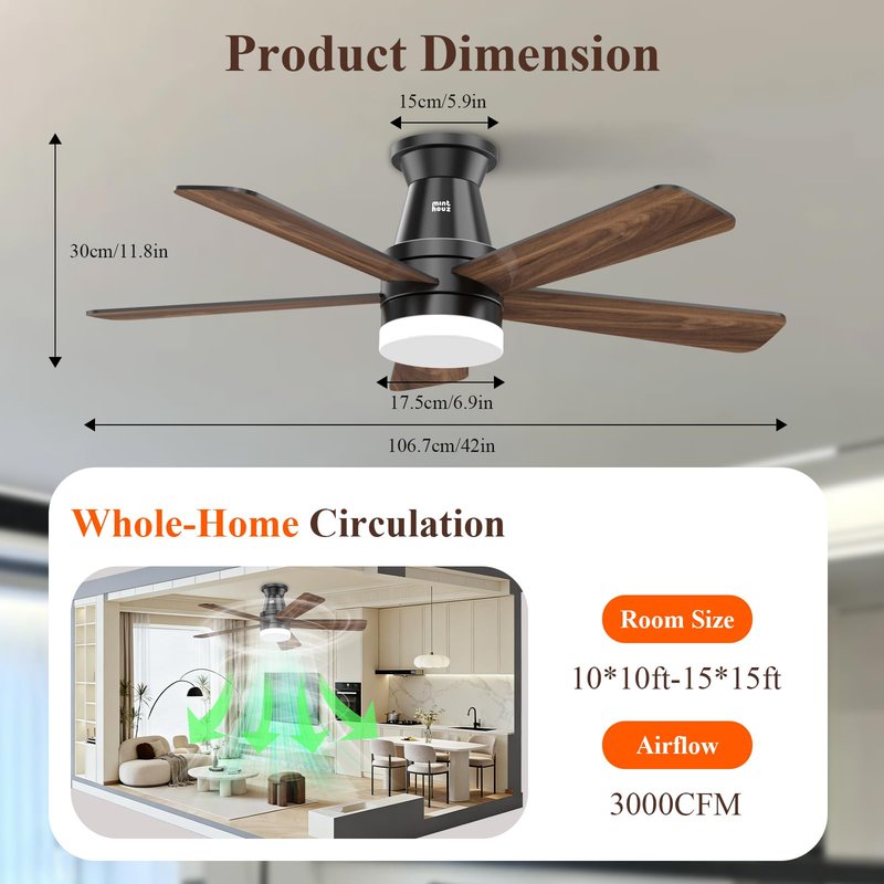 Minthouz Ceiling Fans with Lights, 42 inch Ceiling Fan with Light with APP/Remote Control, 6000K Dimmable LED, Modern Flush Mount Ceiling Fan for Indoor Bedroom Living Room, DC Reversible, Black