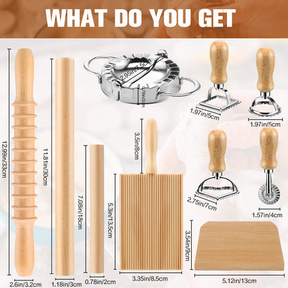 12 Piece Ravioli Mold Set with Press, Scraper, Cutter, Pierogi Maker, Rolling Pin, Gnocchi Board, Wooden Roller, and 4 Ravioli Stamp Maker Cutters for Making Pasta, Dumplings, and Pierogi