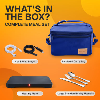 FORABEST Portable Microwave Food Warmer - Electric Lunch Box 80W with Insulated Bag and Utensils - 12V/24V Car/Truck & 110/220V Home/Office Use - Fits up to 10 x 7 x 5 Inches Containers - Blue