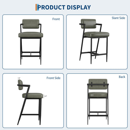Garvee Bar Stools Set of 6 w/Arms & Footrest, Upholstered Bar Stools with Backrest & Thickened Metal Legs, Counter Height Bar Stools with Thick Cushion for Island, Counter Bar, Retro Green