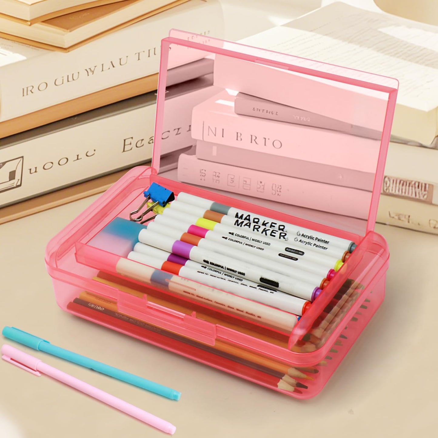 Nuozme Double Layer Large Capacity Pencil Box,Plastic Translucent Pencil Box, Hard Pencil Cases with Snap-Tight Lid for Pens, Pencils, School Supplies,Office Supplies,Medium-sized,1 Pack