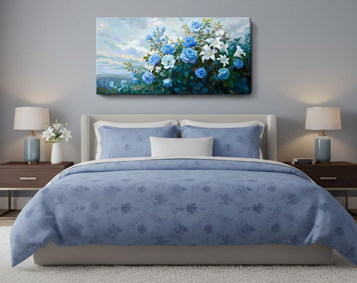 NiceTop 48x24 Inch Large Floral Canvas Wall Art, Waterproof Moisture Resistant Blue Rose White Lily Modern Botanical Artwork with Hanging Kit, Abstract Aesthetic Wrapped Canvas Print for Living Room, Bedroom, Bathroom, Boho Farmhouse Home Decor
