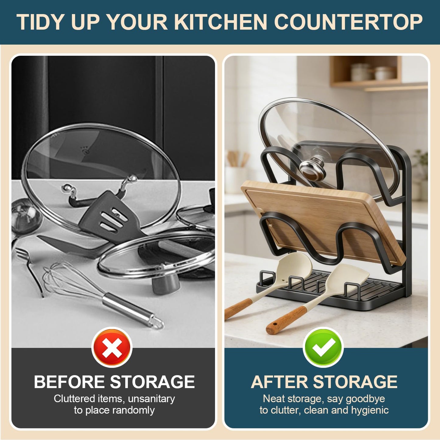 AMDISI Kitchen Pot Lid Storage Rack: Carbon Steel Double-Layer Holder & Spoon Rest with Removable Drip Tray, Pot Cover Holder While Cooking, Pot Lid Organizer for Kitchen Counter Space Saving(Gray)