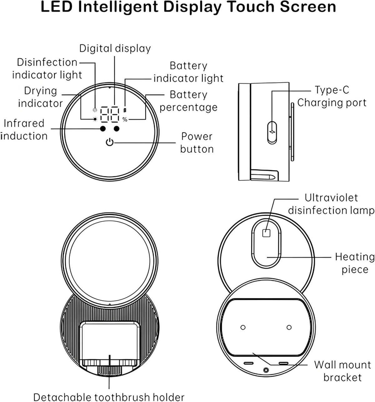 Toothbrush Holders Cleaner & Dryer for Bathroom - Mirror Wall Mounted [Rechargeable, Auto Sensor Open/Close Lid, LED