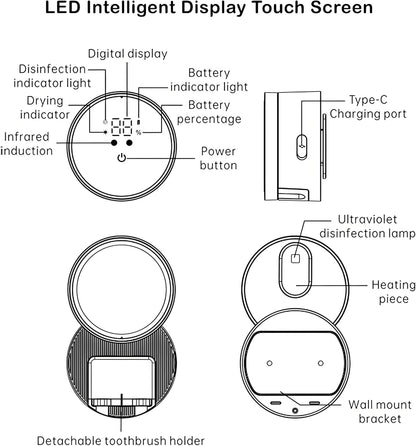 Toothbrush Holders Cleaner & Dryer for Bathroom - Mirror Wall Mounted [Rechargeable, Auto Sensor Open/Close Lid, LED