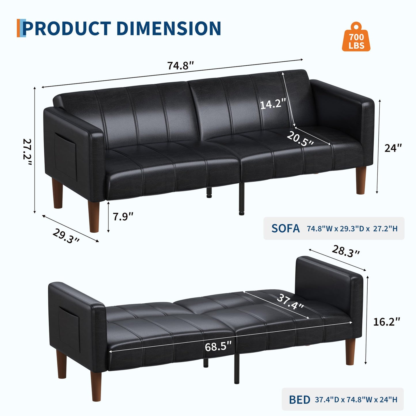 75 in Futon Sofa Bed, Faux Leather Convertible Couch with Adjustable Backrest, Side Pocket, Mid Century Modern Loveseat Sleeper Sofa for Living Room, Bedroom, Apartment, Small Spaces, Black