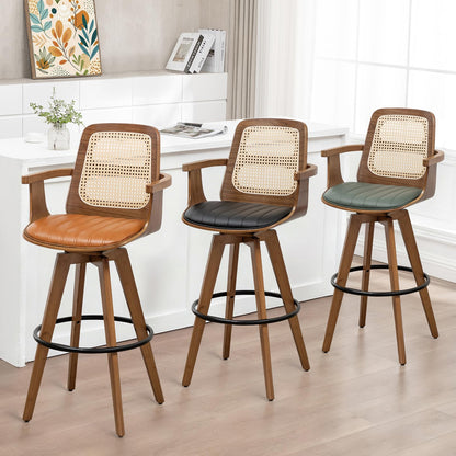 WUPOTO Bar Stools Set of 2, 29.7" Bar Height 360° Swivel Stools with Ergonomic Rattan Back, Faux Leather Seat, Bamboo Legs with Walnut Finish, Mid-Century Style (Green)