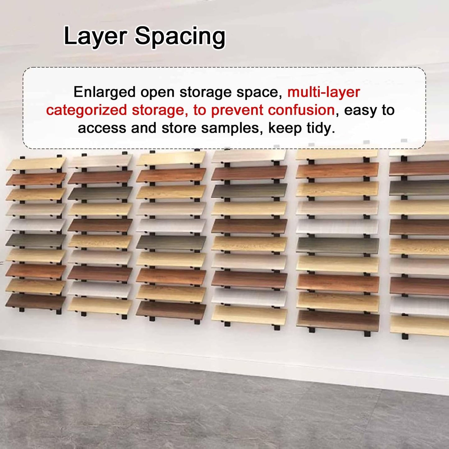 Floor Tile Sample Rack,Wall-Mounted Tile Sample Display Stand, 10-Tier Metal Rack for Retail, Heavy-Duty Floor Tile Holder, Space-Saving Wooden Shelf, 55.12x10in Storage Solution, Perfect fo