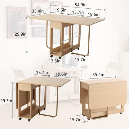 VASTATIO Folding Dining Chairs and Table Set, Space-Saving Dining Table and 2 Padded Steel Frame Folding Chairs(Wood), Drop Leaf Dining Table with Extra Large Storage Space and 2 Drawers