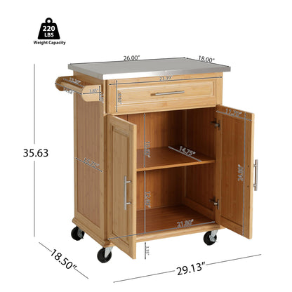 Christopher Knight Home ZAH Bamboo Rolling Cart with Drawers, Kitchen Bar Cart on Wheels with Stainless Steel Top, Mobile Rolling Kitchen Cart Storage Cabinet, Serving Cart, 29.13'' x 18.5'', Natural