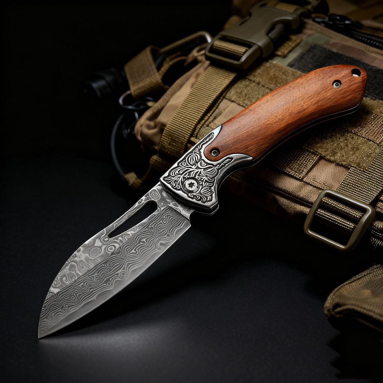 Elegant Damascus Folding Knife - Pocket Utility Knife for Everyday Carry (EDC), Gift for Men, Wood & Steel Design（Wood Handle）