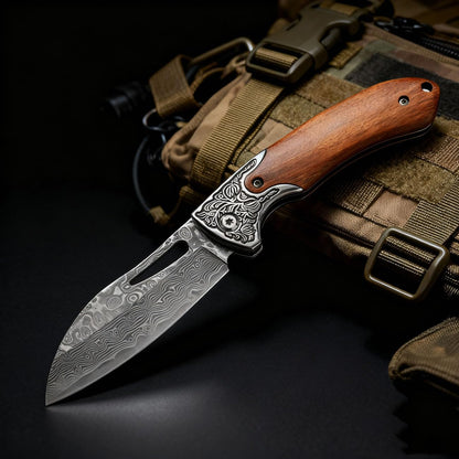 Elegant Damascus Folding Knife - Pocket Utility Knife for Everyday Carry (EDC), Gift for Men, Wood & Steel Design（Wood Handle）