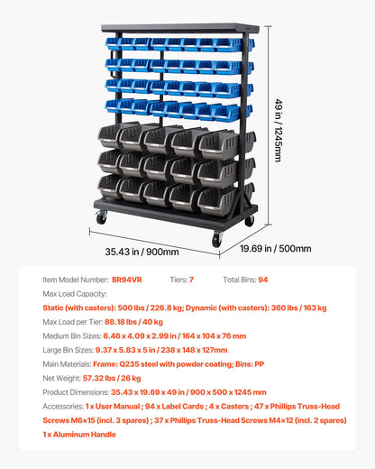 VEVOR 7-Tier Double-Sided Rolling Bin Storage Rack, 94 Plastic Bins, Dual-Sided Parts Organizer with Wheels, Mobile Tool Organizer for Garage, Warehouse, Office, Restaurant, Classroom, Kitchen