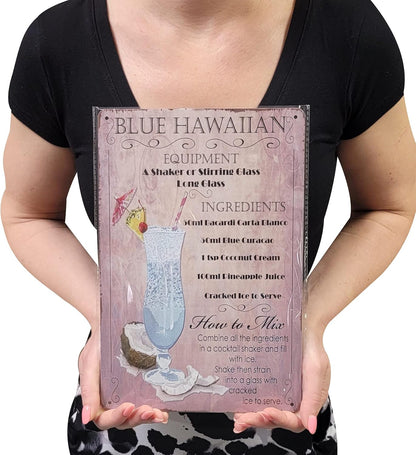 8" x 12" Popular Cocktails and Drink Mix Recipes Menu on Metal Tin Sign (Blue Hawaiian)