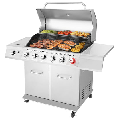 Royal Gourmet GA6402S 6-Burner Propane Gas Grill with Side Burner and Warming Rack, 74,000 BTUs, Cabinet Style Outdoor BBQ Grill for Barbecue Grilling & Backyard Cooking, Silver
