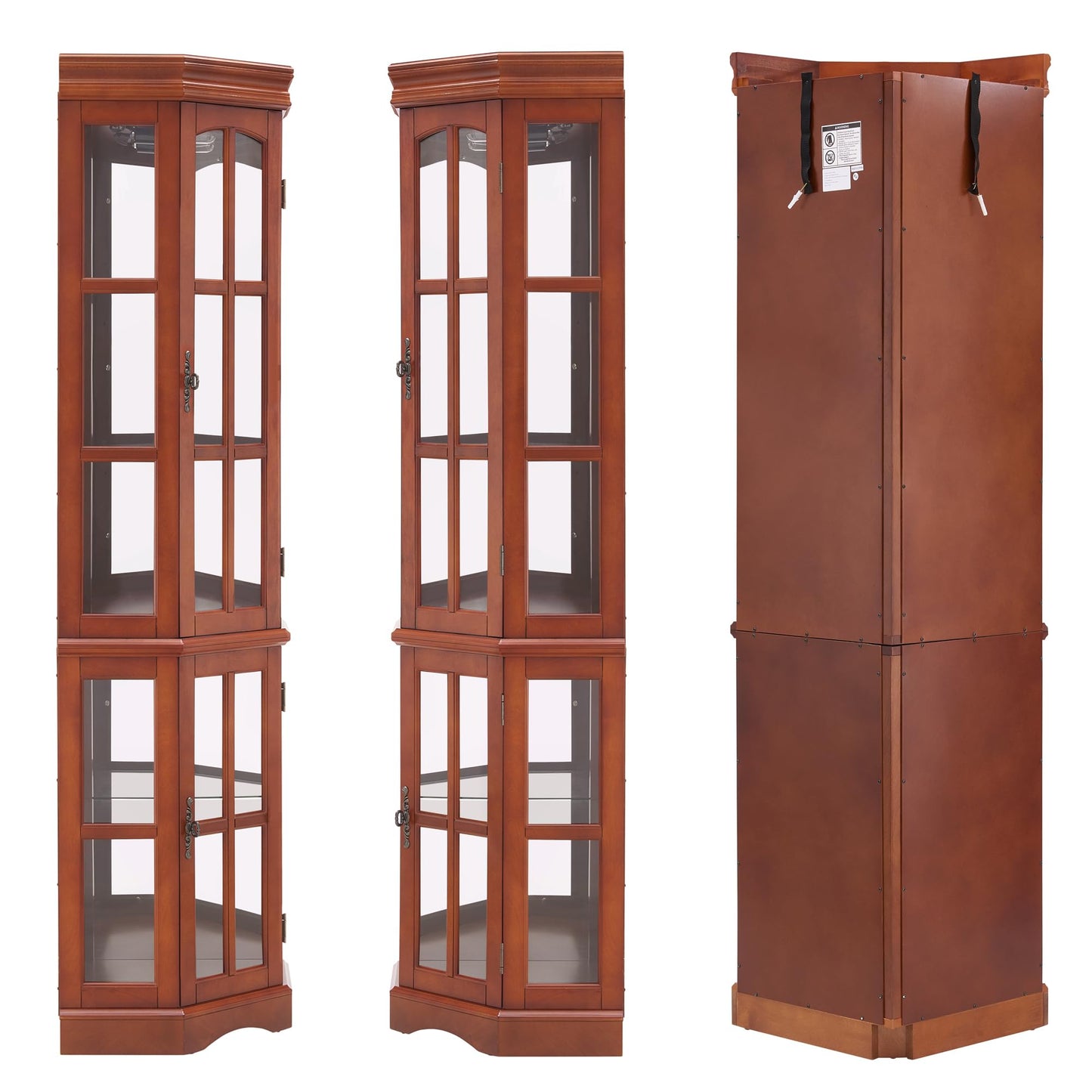 Corner Curio Cabinet with Lighting System, Adjustable Tempered Glass Shelves and Acrylic Mirror Back for Display, Compact Corner China Cabinet for Living Room (E26 Bulb Not Included) (Dark Walnut)