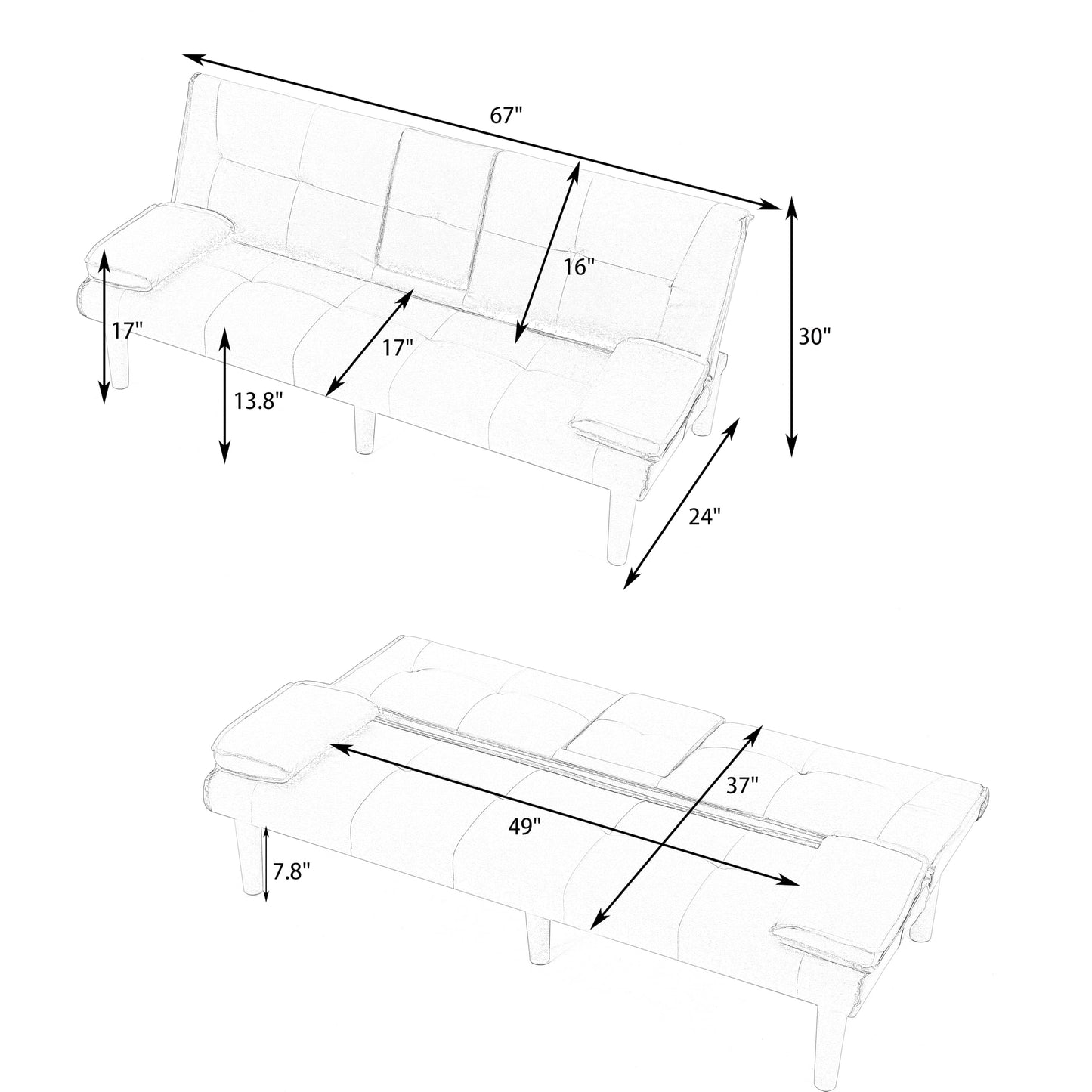 KEIKI 67" Convertible Sofa Bed with Cup Holder, 3 in 1 Futon Sofa Bed, PVC Sleeper Sofa Chair for Living Room, Office, Green
