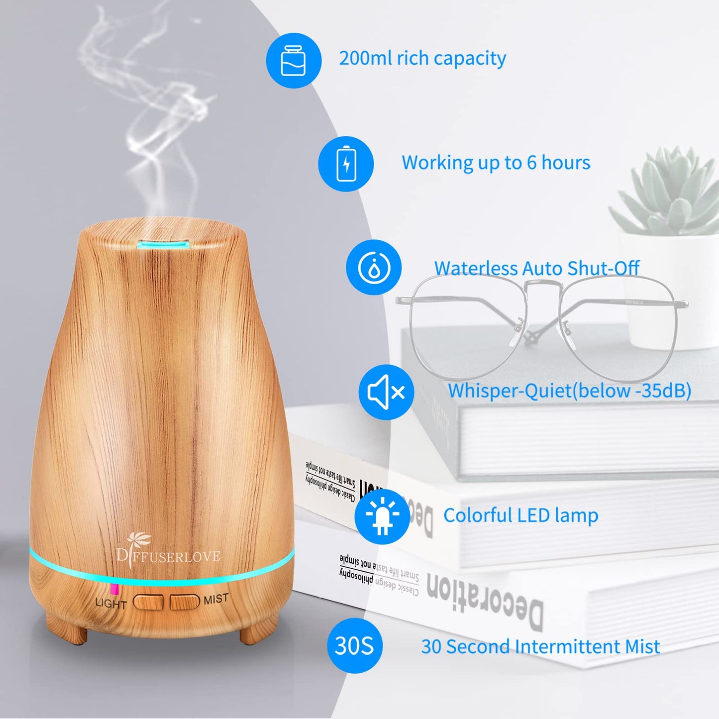 Diffuserlove Essential Oil Diffusers 200ML Remote Control Ultrasonic Mist Humidifiers BPA-Free Aromatherapy Diffuser with 7 Color Lights, Auto Shut-Off for Bedroom Office Kitchen