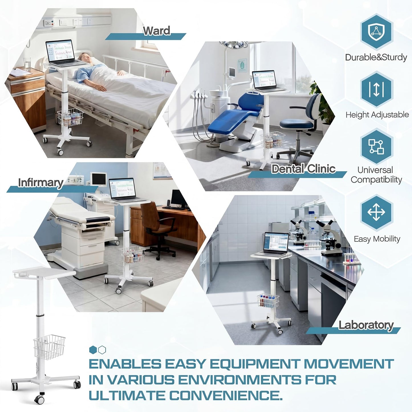 15.8" x 15.2" Medical Laptop Workstation Trolley Cart with Wheels Height Adjustable Medical Cart with Storage Basket Load for Dental Clinic, Home Office, Salon Hospital, Lab Use (Heavy Duty)