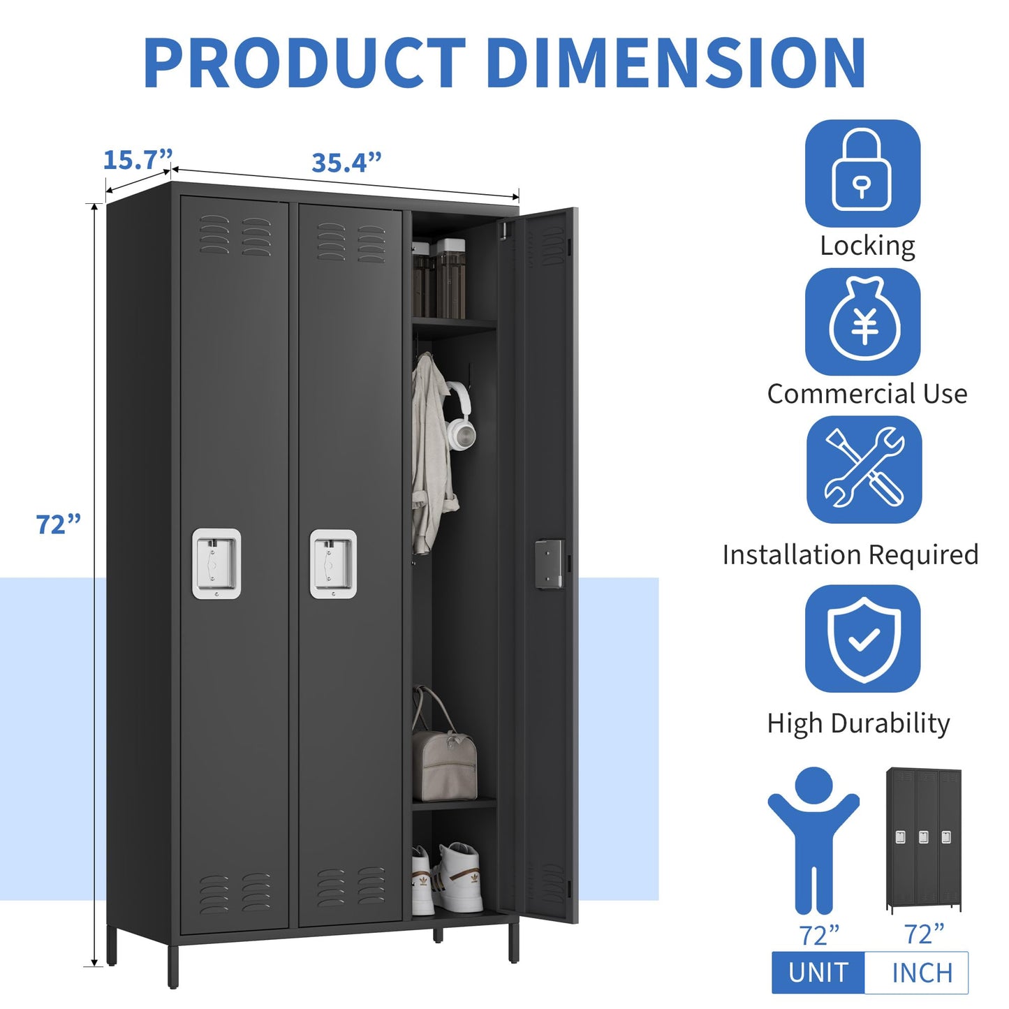 3 Doors Employee Lockers for Office, Metal Sorage Locker Combination, Lockable Employees Metal Locker With Door, Industrial Storage Lockers for Home, School, Gym