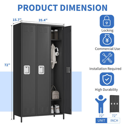 3 Doors Employee Lockers for Office, Metal Sorage Locker Combination, Lockable Employees Metal Locker With Door, Industrial Storage Lockers for Home, School, Gym