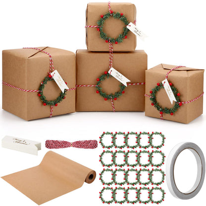 Spakon 73 Pcs Kraft Christmas Wrapping Paper Set, 15.7 in x 65.6 ft Brown Vintage Wrapping Paper with Red Berry Wreath Label Adhesive Tape for Christmas Handmade DIY Craft