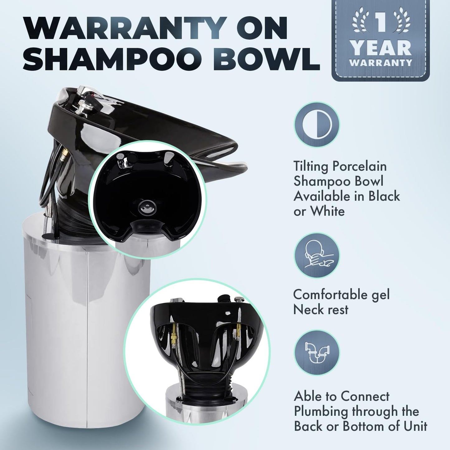 Buy-Rite Paris Pedestal Shampoo Unit – Professional Salon Shampoo Station with Tilting Porcelain Bowl, Silver Base with Black Bowl – Includes Faucet, Spray Hose, Drain & Vacuum Breaker