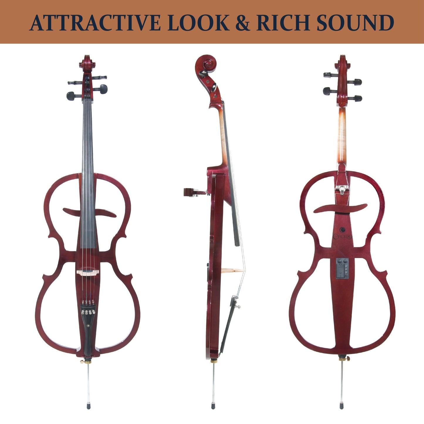 Cecilio CECO-1DW Ebony Electric Silent Metallic Mahagony Cello in Style 1, Size 4/4 (Full Size)
