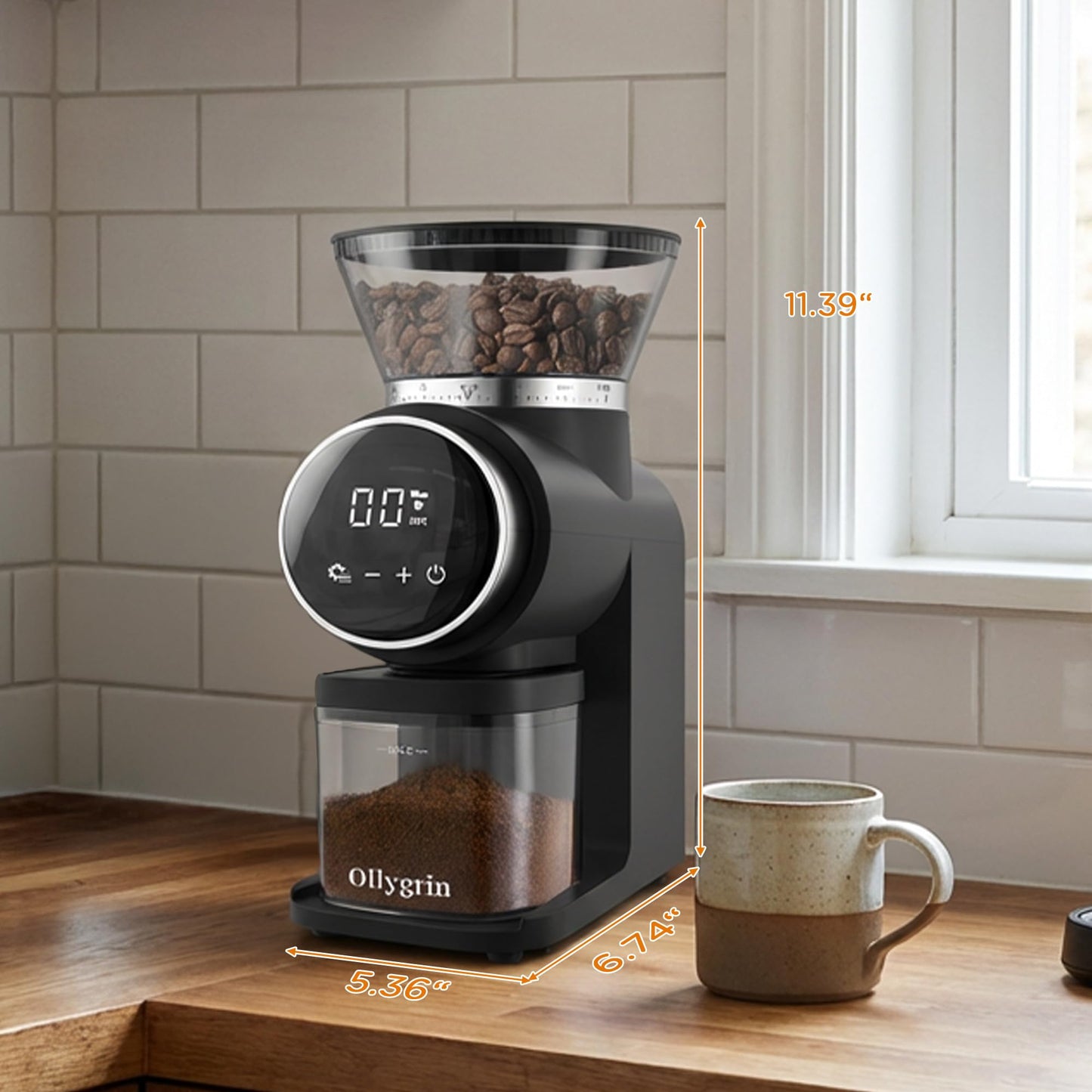 Ollygrin Conical Burr Coffee Grinder Electric, Compact Coffee Grinder for Home Use,Burr Mill Grinder with 30 Precise Grinding Sizes, Touch Panel, Removable Burr & Coffee Container, 2-12 Cups