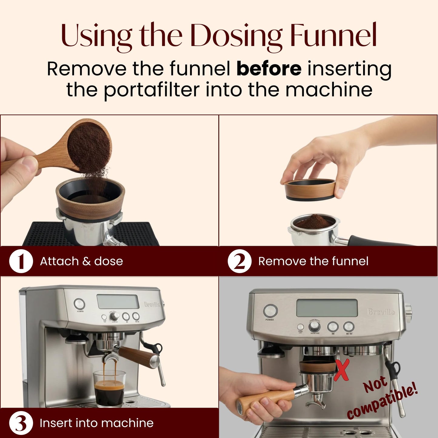 54mm Espresso Dosing Funnel – Magnetic Coffee Dosing Ring Compatible with 54mm Portafilter – Compatible with Breville and DeLonghi Portafilters – Aluminum Alloy & Real Walnut Design – Black & Walnut