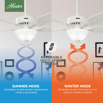 Hunter 52 inch Indoor Ceiling Fan with LED Light - White Ceiling Fan with Pull Chain, For Bedroom or Living Room, Standard Mount, No Remote, 5 Blades, Includes Bulbs - Newsome 53310, Fresh White