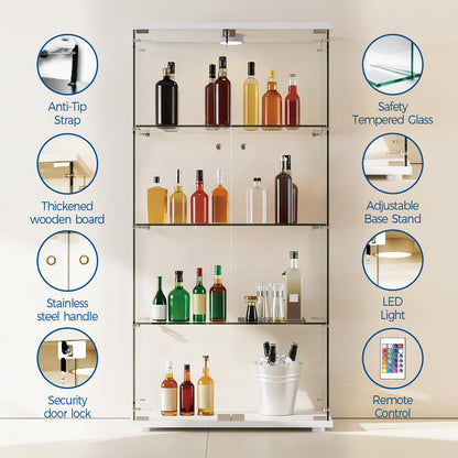 GarveeHome 4 Shelves Display Cabinet, Tempered Glass Curio Showcase with LED Light & Lock, Double Doors Storage Cabinet for Living Room Bedroom Office, White, 64x31.7x14.3 Inch