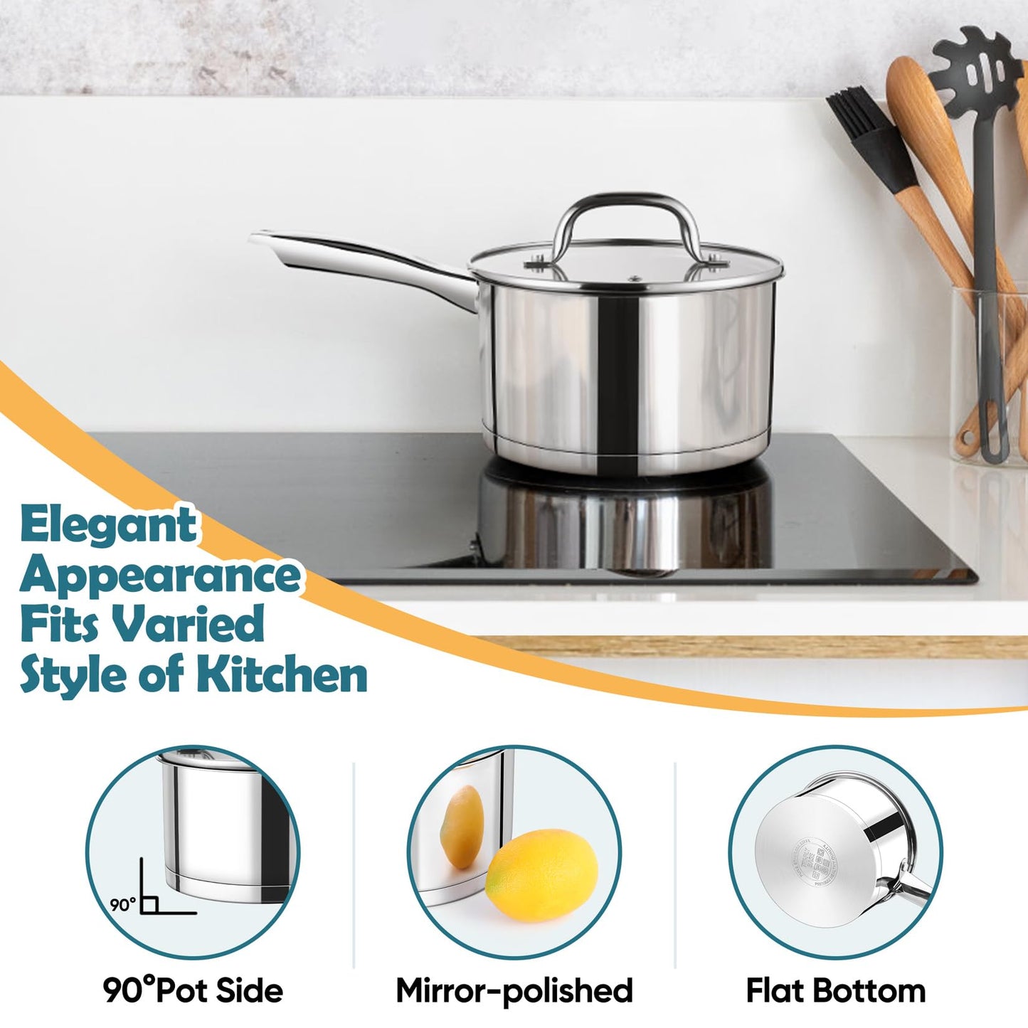 P&P CHEF 3 Quart Saucepan with Lid Set, Stainless Steel Small Cooking Pot Induction Sauce Pan for Pasta Soup, Ergonomic Handle & Tri-ply Base, Dishwasher Safe, 1 Pan