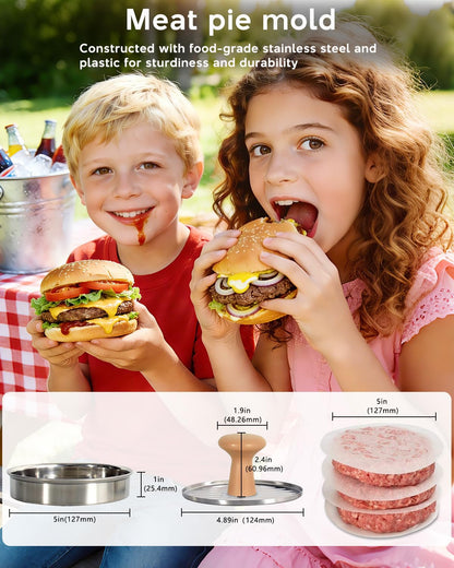DSTHISAR Burger Press, 5”Stainless Steel Hamburger Press Patty Maker, Non-Stick Hamburger Press for Making Patties, for Grilling and Cooking, Comes with 100 Pieces of Wax Paper